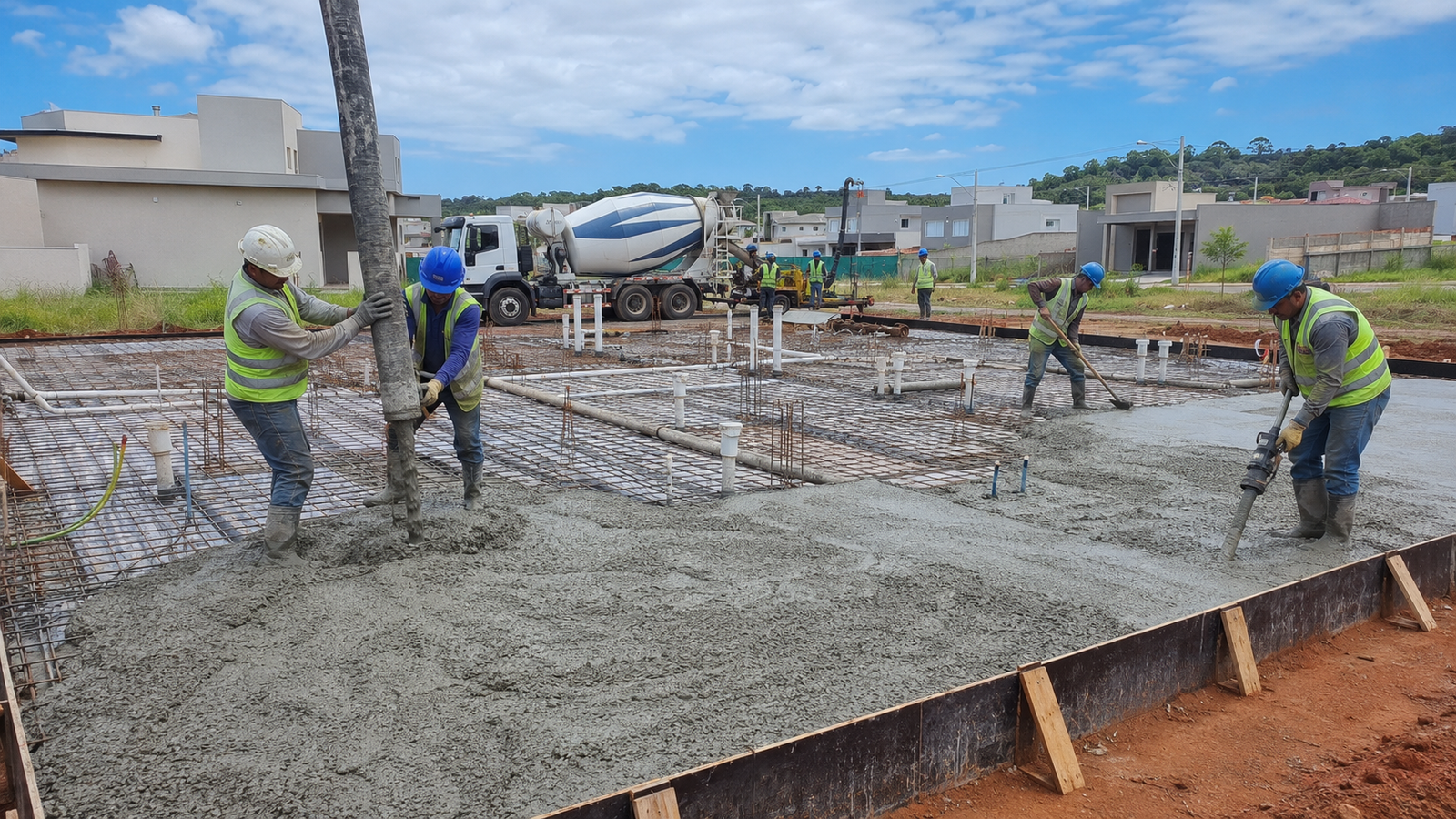 Caminhão betoneira fornecendo concreto usinado