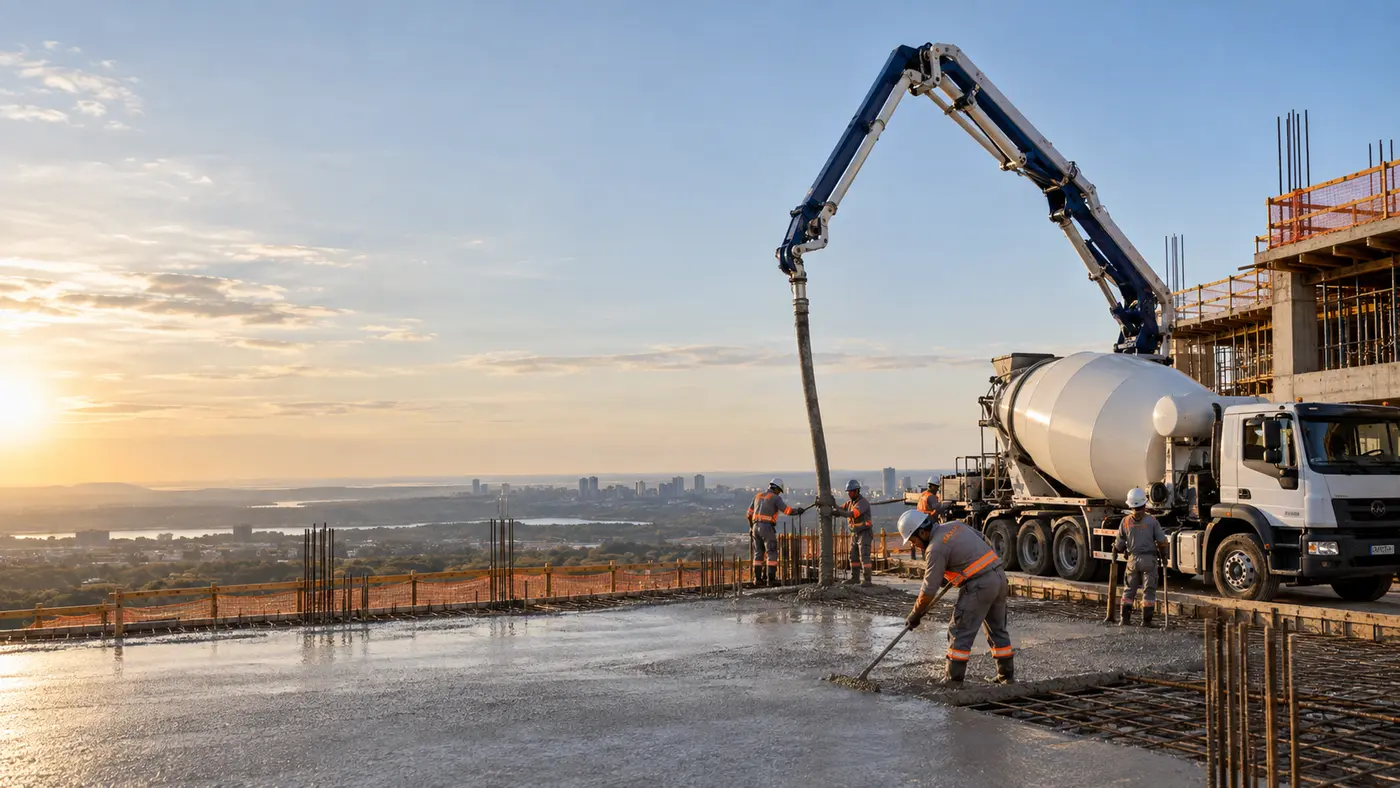 Concreto Usinado DF em concretagem profissional com caminhão betoneira e bomba em Brasília